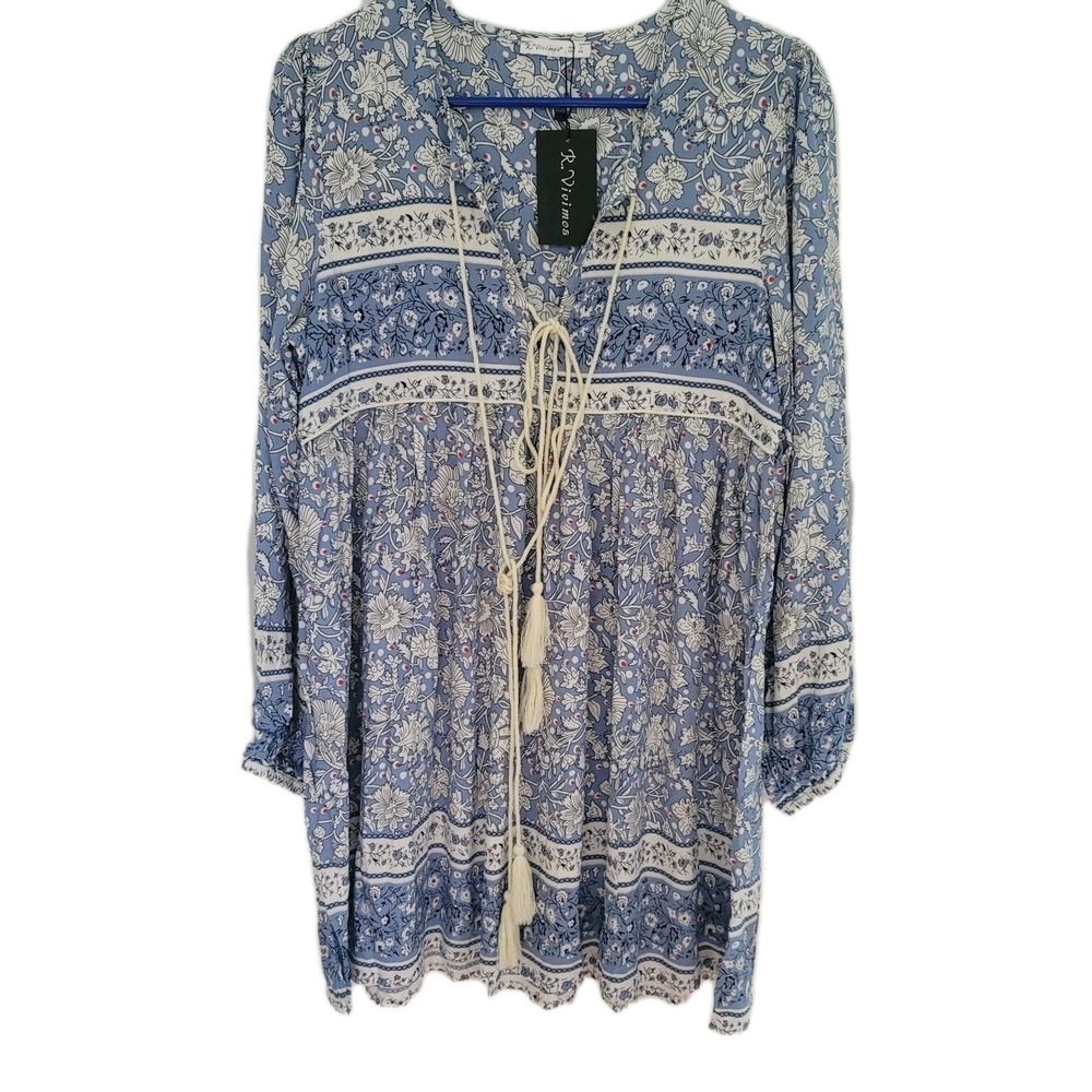 R. Vivimos Dress Small Babydoll White Blue‎ Elastic Sleeves Cotton Blend Flowy
